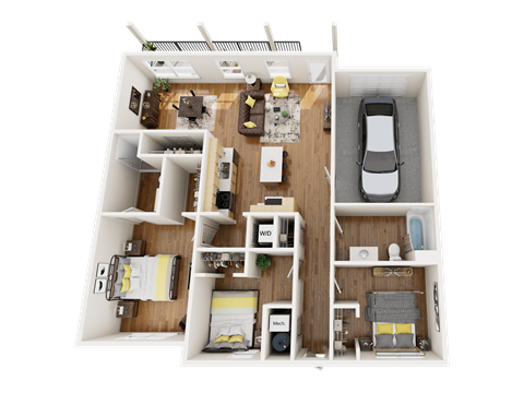 A top-down view of a small apartment layout with a kitchen, living room, and bedrooms.